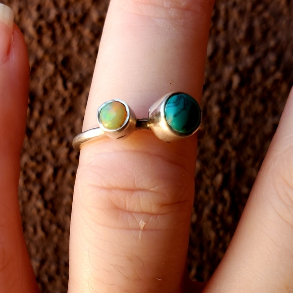 New Ethiopian Opal & Turquoise Thin Silver Band Ring. - Picture 7 of 15